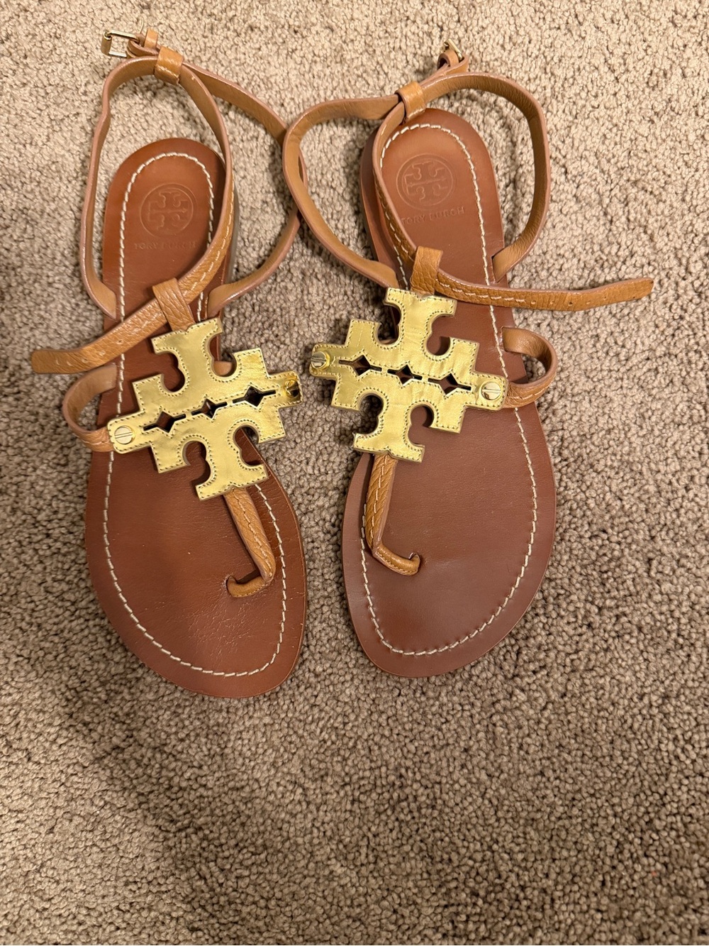 Tory Burch Tan Leather Sandals with Gold Logo Accent